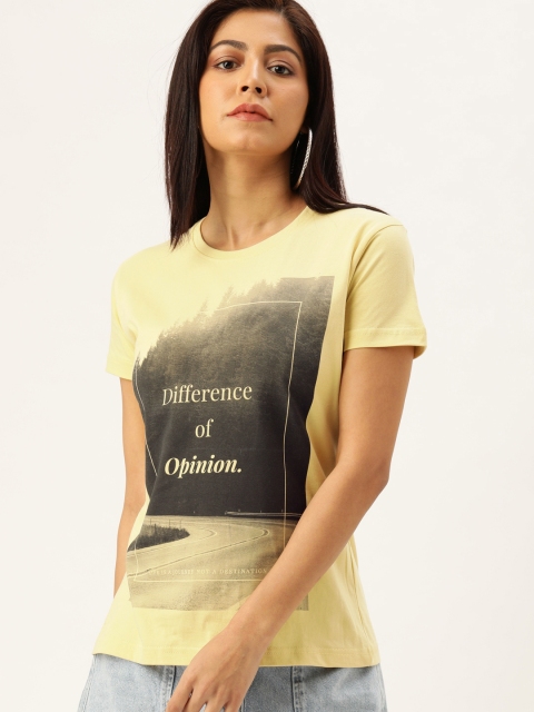 

Difference of Opinion Women Yellow Black Printed Round Neck Pure Cotton T-shirt