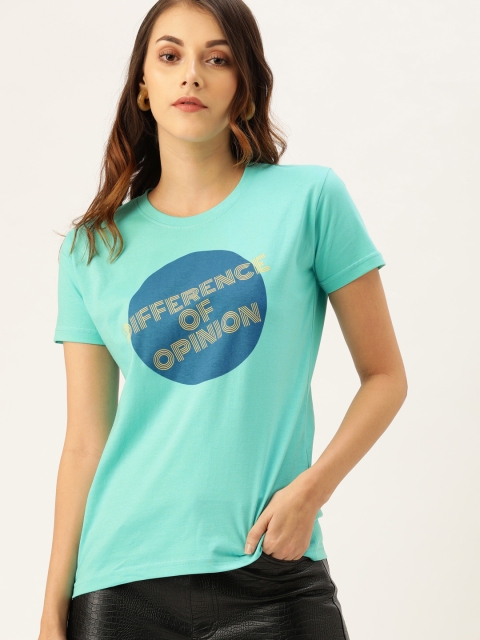 

Difference of Opinion Women Sea Green Printed Round Neck Pure Cotton T-shirt