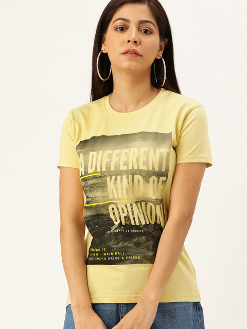 

Difference of Opinion Women Yellow & Black Printed Round Neck T-shirt