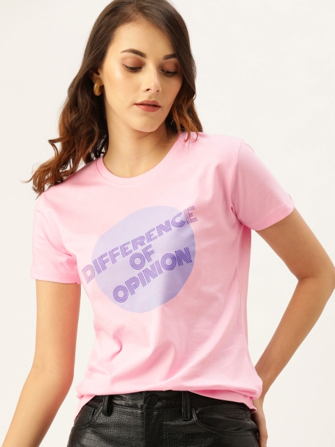 

Difference of Opinion Women Pink Printed Round Neck Pure Cotton T-shirt