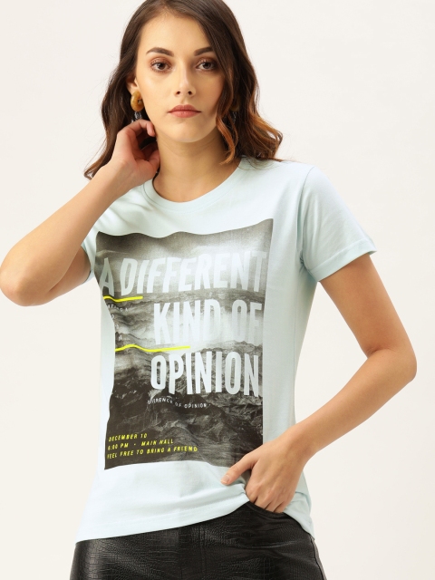 

Difference of Opinion Women Blue Printed Round Neck Pure Cotton T-shirt