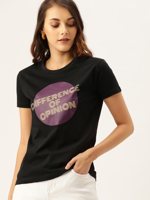 

Difference of Opinion Women Black Printed Round Neck Pure Cotton T-shirt