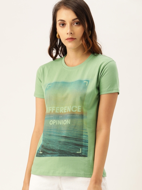 

Difference of Opinion Women Green Printed Round Neck Pure Cotton T-shirt