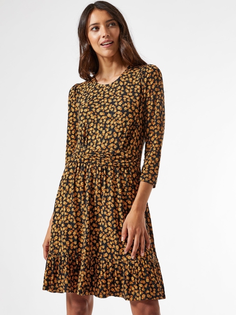 

DOROTHY PERKINS Women Black & Mustard Yellow Floral Print A-Line Dress