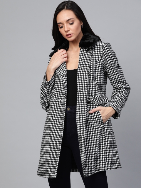 

DOROTHY PERKINS Women Black & White Houndstooth Pattern Pea Coat