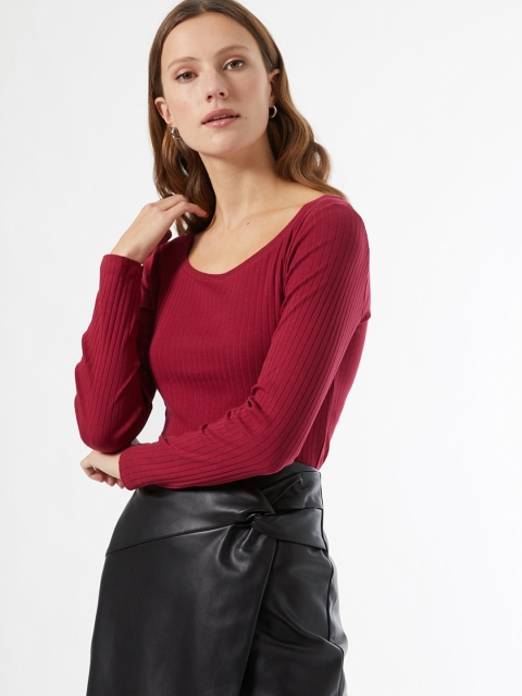 

DOROTHY PERKINS Women Maroon Self Striped Organic Cotton Scoop Neck T-shirt