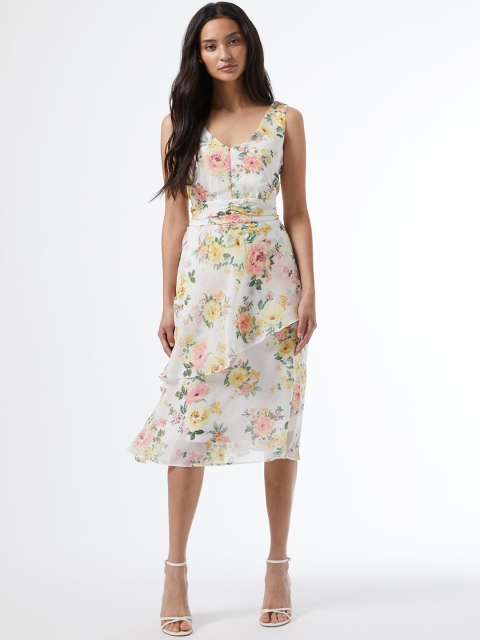 

DOROTHY PERKINS Women White & Pink Floral Print Petite A-Line Belted Layered Dress
