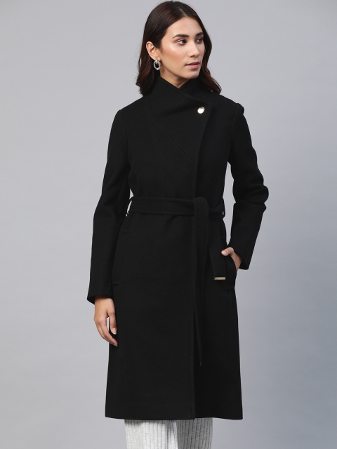 

DOROTHY PERKINS Women Black Solid Longline Wrap Coat