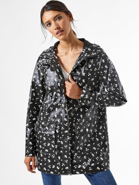 

DOROTHY PERKINS Women Black & White Floral Print Longline Raincoat