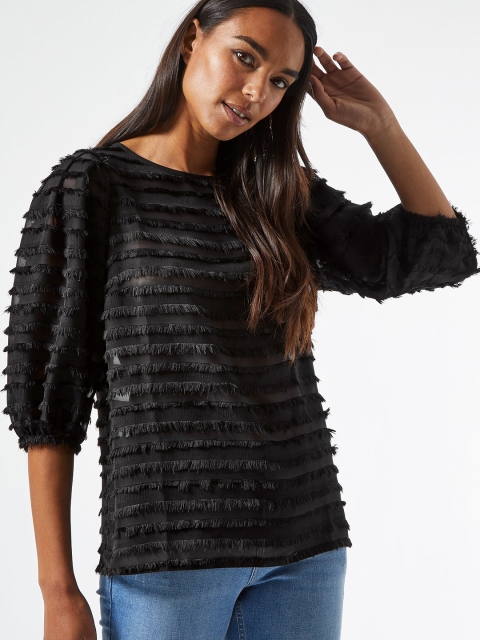 

DOROTHY PERKINS Women Black Fringed Striped Semi-Sheer Top