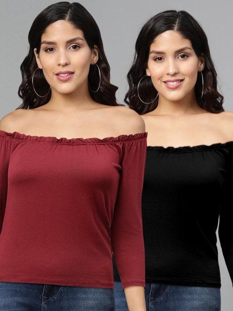 

DOROTHY PERKINS Women Pack of 2 Solid Petite Bardot Top, Maroon