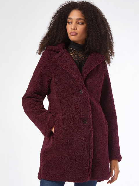 

DOROTHY PERKINS Women Burgundy Solid Teddy Over Coat