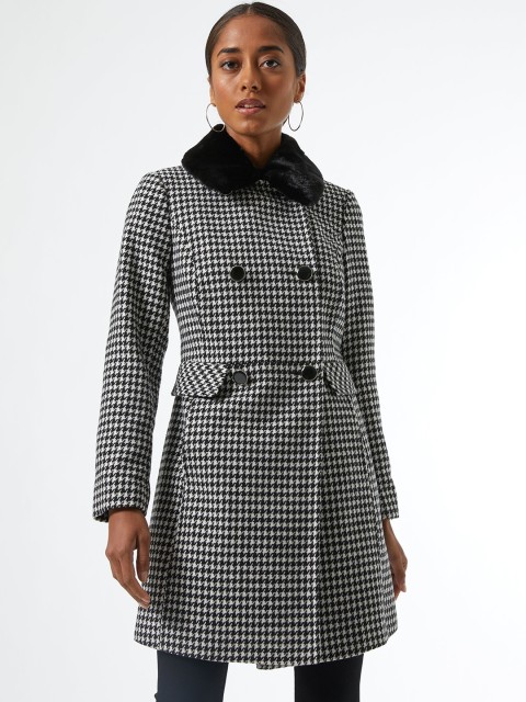 

DOROTHY PERKINS Women Black & White Houndstooth Patterned Longline Princess Coat
