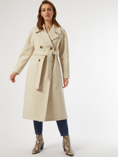 

DOROTHY PERKINS Women Off-White Solid Double Breasted Longline Trench Coat