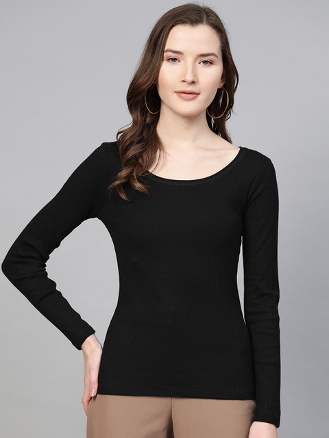 

DOROTHY PERKINS Women Black Ribbed Organic Cotton Scoop Neck T-shirt