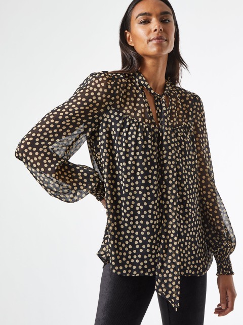 

DOROTHY PERKINS Women Black & Cream-Coloured Polka Dots Printed semi-Sheer High-Low Top