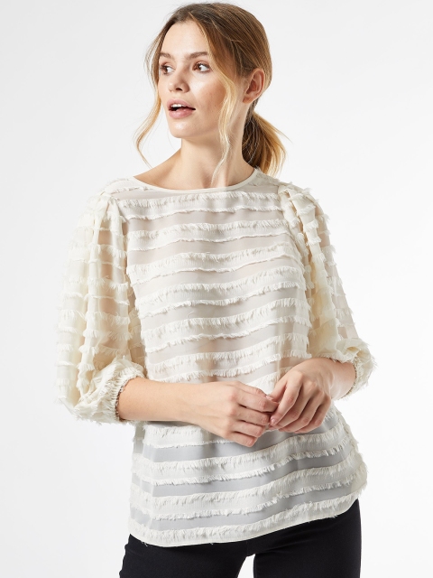 

DOROTHY PERKINS Women Off-White Fringed Striped Semi-Sheer Top