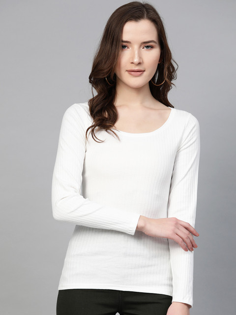 

DOROTHY PERKINS Women White Ribbed Organic Cotton Scoop Neck T-shirt