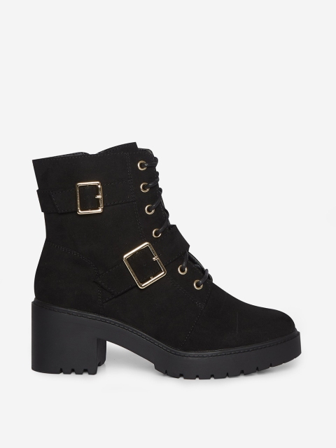 

DOROTHY PERKINS Women Black Solid Mid-Top Heeled Boots with Buckle Detail