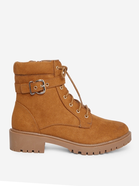 

DOROTHY PERKINS Women Camel Brown Solid Mid-Top Wide Flat Boots with Buckle Detail