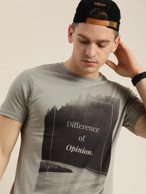 

Difference of Opinion Men Grey & Black Pure Cotton Graphic Printed Loose T-shirt