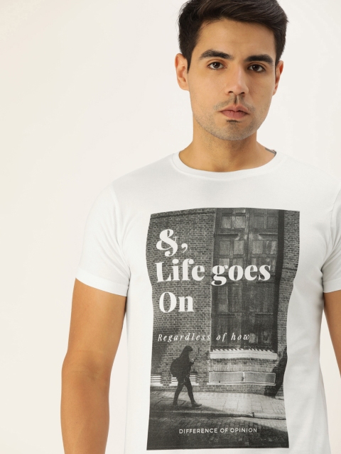 

Difference of Opinion Men White Printed Round Neck Pure Cotton T-shirt