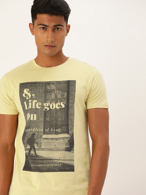 

Difference of Opinion Men Yellow Printed Round Neck Pure Cotton T-shirt