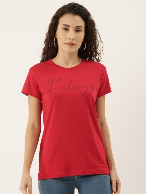 

DILLINGER Women Red Printed Round Neck Regular Fit Pure Cotton T-shirt