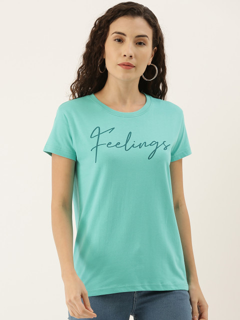

DILLINGER Women Sea Green Printed Round Neck Regular Fit Pure Cotton T-shirt
