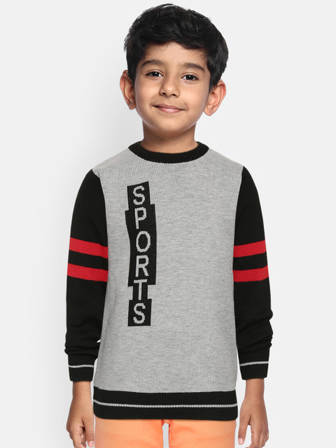 

GAME BEGINS Boys Grey Melange & Black Typography Patterned Pullover with Striped Detail