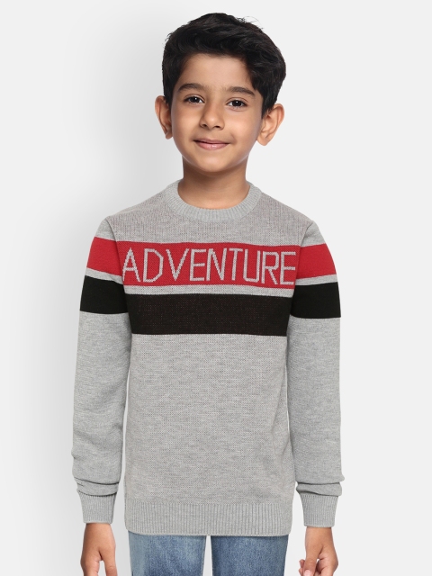 

GAME BEGINS Boys Grey Melange & Red Typography Self Design Pullover