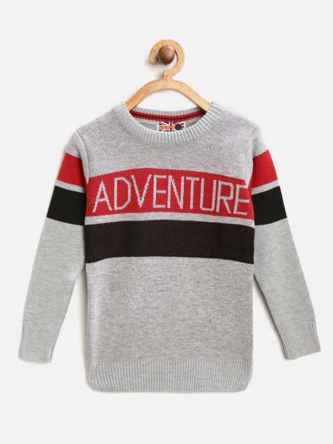 

GAME BEGINS Boys Grey Melange & Red Typography Self Design Pullover