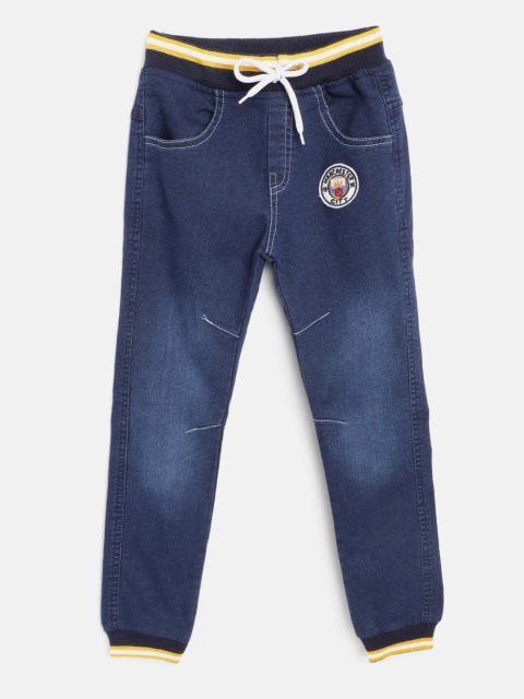 

GAME BEGINS Boys Navy Blue Cotton Regular Fit Faded Denim Joggers