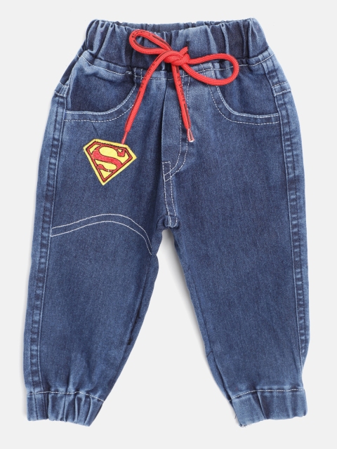 

GAME BEGINS Boys Navy Blue Washed Denim Cotton Joggers with Superman Applique Detail