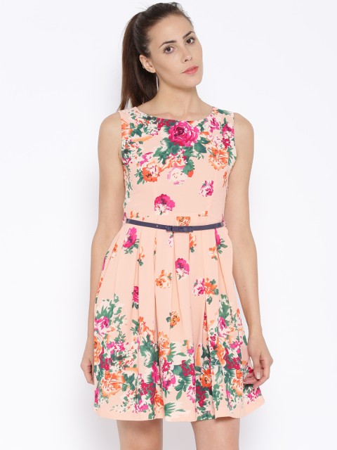 

Tokyo Talkies Peach-Coloured Floral Print Fit & Flare Dress