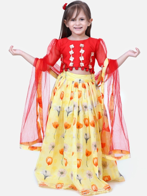 

Fairies Forever Girls Red & Yellow Printed Ready To Wear Lehenga & Blouse With Dupatta