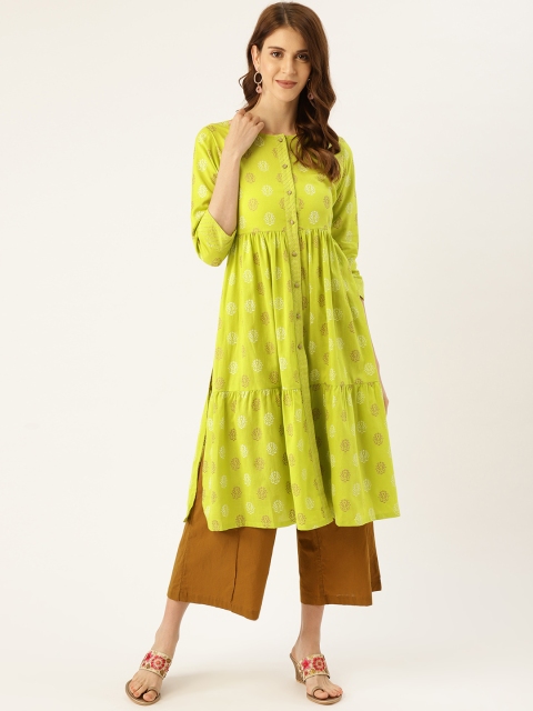 

Aayna Women Lime Green & Golden Block Print Tiered A-Line Kurta