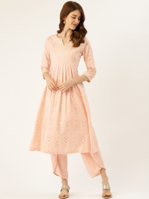 

Aayna Women Peach-Coloured & Golden Ethnic Foil Printed A-Line Kurta