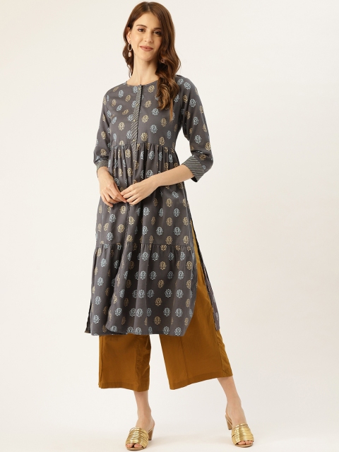 

Aayna Women Charcoal Grey & Golden Ethnic Foil Printed Tiered A-Line Kurta
