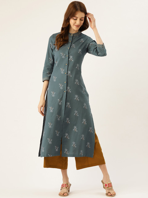 

Aayna Women Charcoal Grey & Off-White Handloom Floral Foil Printed Straight Kurta