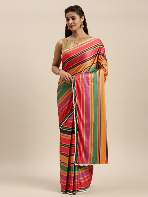 

MIRCHI FASHION Pink & Mustard Yellow Polyester Striped Saree