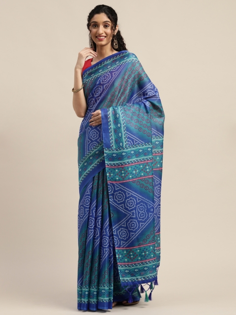 

Rajnandini Blue & White Cotton Blend Bandhani Printed Kota Saree
