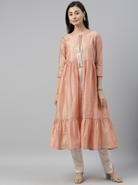 

SIAH Women Peach-Coloured & White Woven Design Kurta with Trousers