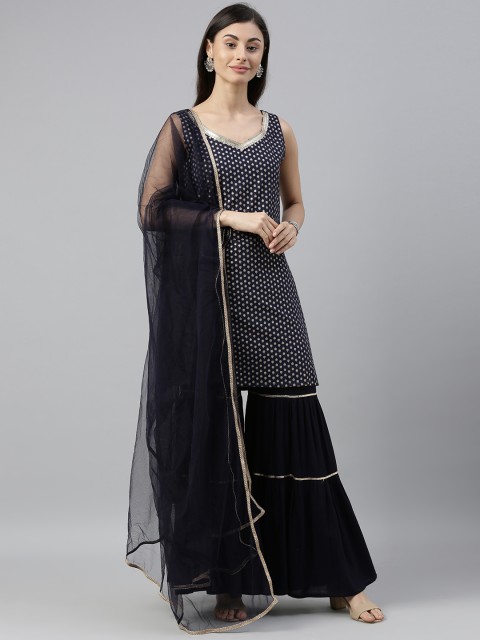 

SIAH Women Navy Blue & Gold-Toned Printed Kurti with Sharara & Dupatta