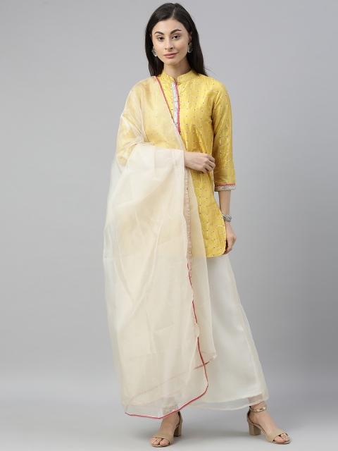 

SIAH Women Yellow & Off-White Checked Kurti with Palazzos & Dupatta