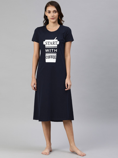 

Todd N Teen Navy Blue & White Typography Print Print Pure Cotton Sleep Shirt