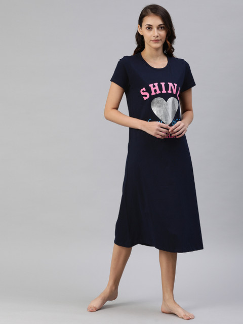 

Todd N Teen Navy Blue & Silver Heart Print Pure Cotton Sleep Shirt