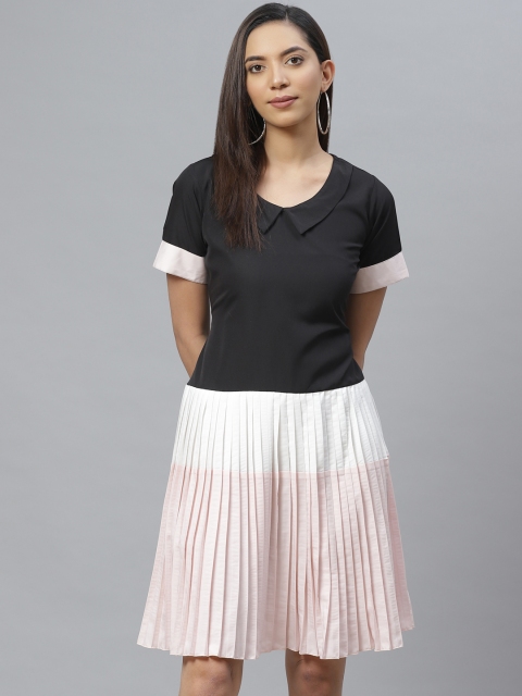 

Ives Women Black & Pink Colourblocked Accordion Pleats A-Line Dress