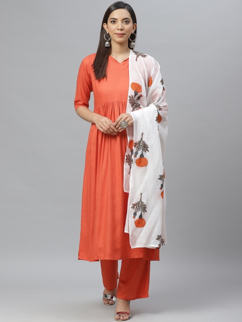 

Ives Women Orange & White Solid Kurta with Palazzos & Dupatta