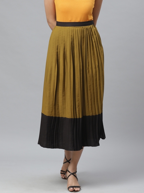 

Ives Women Olive Green & Black Colourblocked Accordion Pleated Flared Midi Skirt